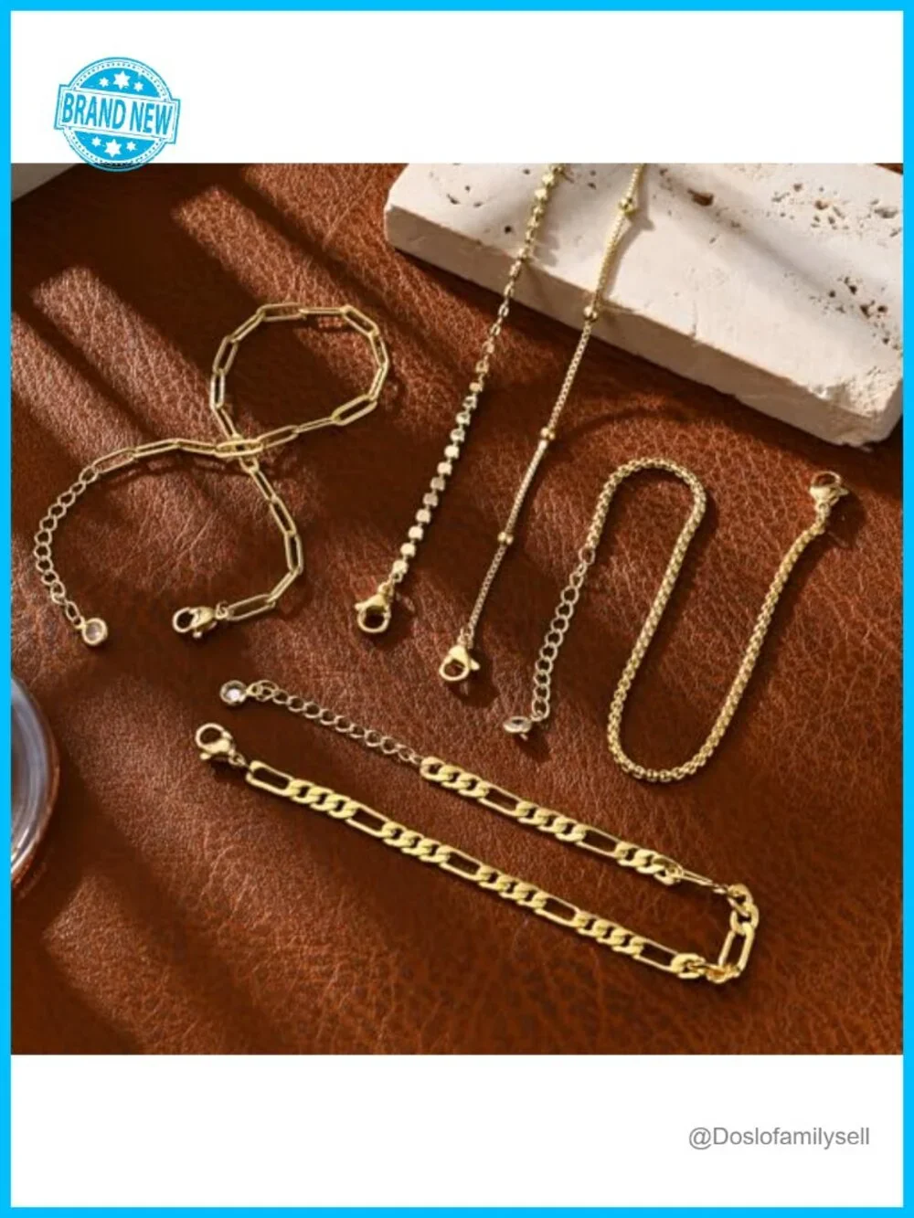 14K Gold Plated Stackable Bracelet Set 5 Piece Chain Adjustable Women